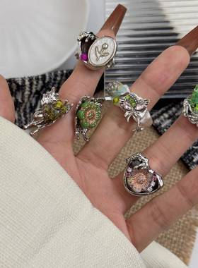 新中式古风纽扣贝壳手工串珠戒指女复古冷淡风弹力绳可调指环戒子