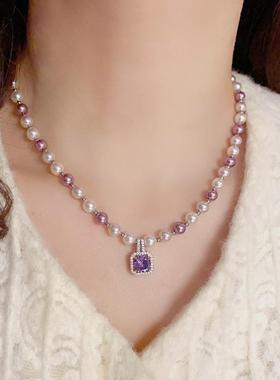法式复古方形紫色锆石珍珠项链优雅轻奢气质小众百搭高级感锁骨链