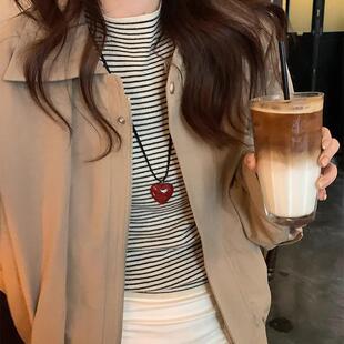 韩国博主同款爱心挂脖pu皮毛衣链长款秋冬项链配饰女高级精致装饰