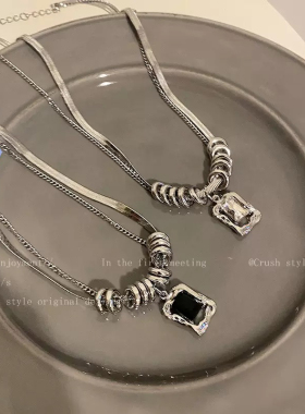 双层钛钢锆石卫衣链女秋冬轻奢小众高级感设计项链甜酷辣妹毛衣链