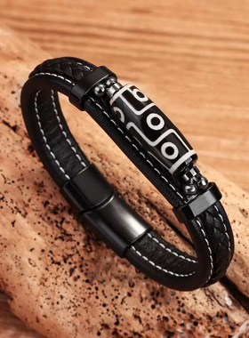 欧美复古手环民族风男手镯时尚男士手工编织天珠藏青皮革手链合金