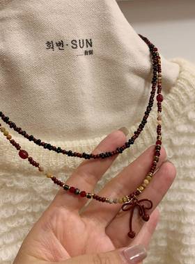 「杜悦丽帷幕」新中式秋冬蝴蝶结项链天然石叠戴流苏串珠