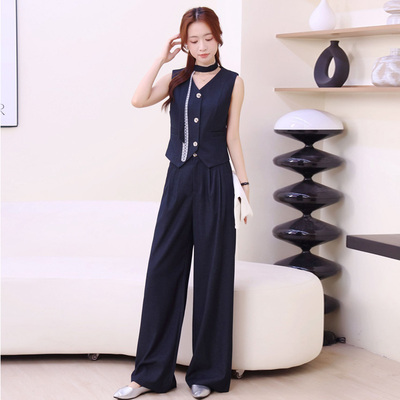 领条带背心马甲阔腿裤两件套装