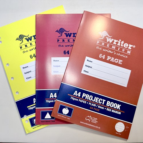 原装进口64页澳洲品牌Writer骑马钉7孔A4红蓝线70克高白单面横线