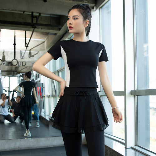 短袖速干女修身撞色速干瑜伽服