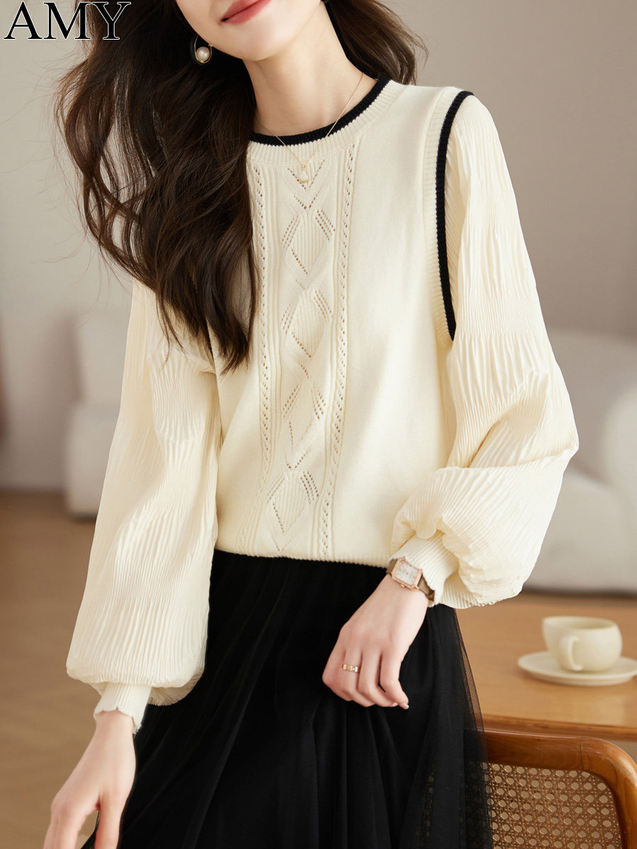 2026春装新款超好看灯笼袖假两件打底针织衫小个子套头圆领上衣女