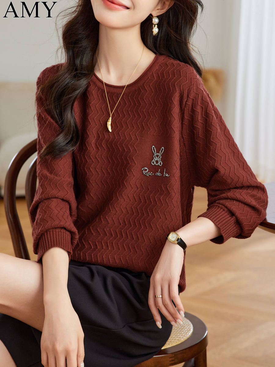 2025冬季新款圆领套头宽松遮肚子打底针织衫休闲洋气长袖上衣女士