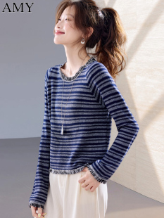 小香风流苏女上衣 洋气短款 秋季 减龄慵懒休闲条纹针织T恤2025新款
