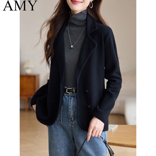 2025秋装新款职场短款薄款西装外套御姐针织衫黑色显瘦时尚上衣女