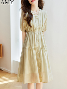 2024夏季新款A字显瘦短袖中长款连衣裙气质V领温柔风垂感裙子女薄