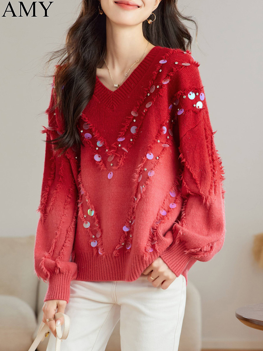 2025冬季新款红色渐变高级感毛衣V领气质亮片轻熟打底上衣女装厚