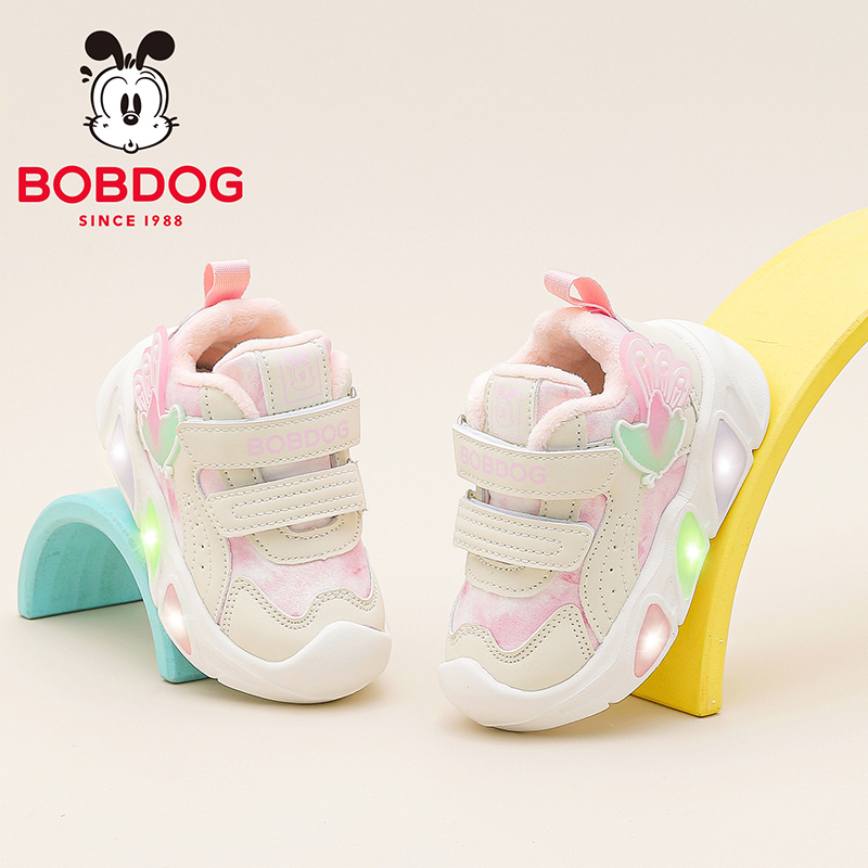 巴布豆童鞋女童闪灯鞋2025新款亮灯鞋秋冬二棉鞋女孩女宝宝学步鞋