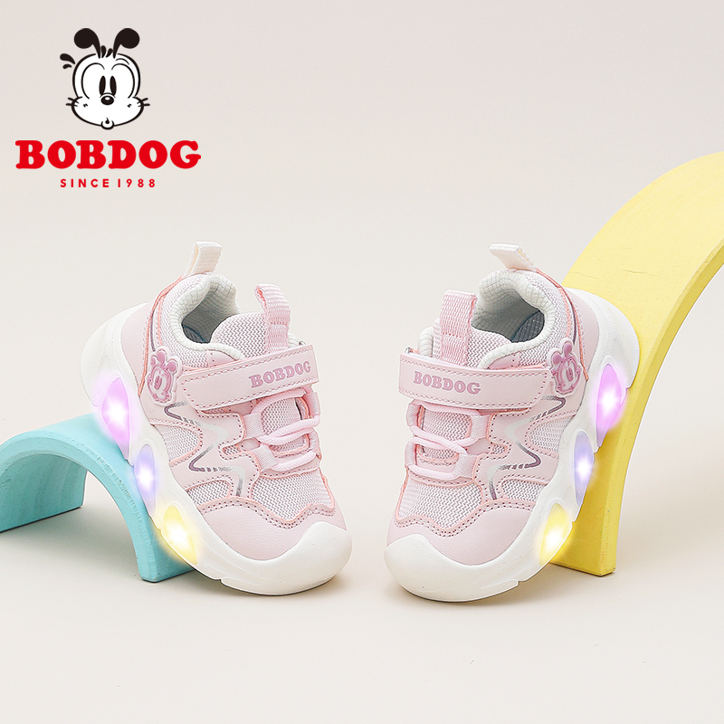巴布豆童鞋女童宝宝鞋带灯鞋2025新款春秋款小童亮灯鞋儿童学步鞋