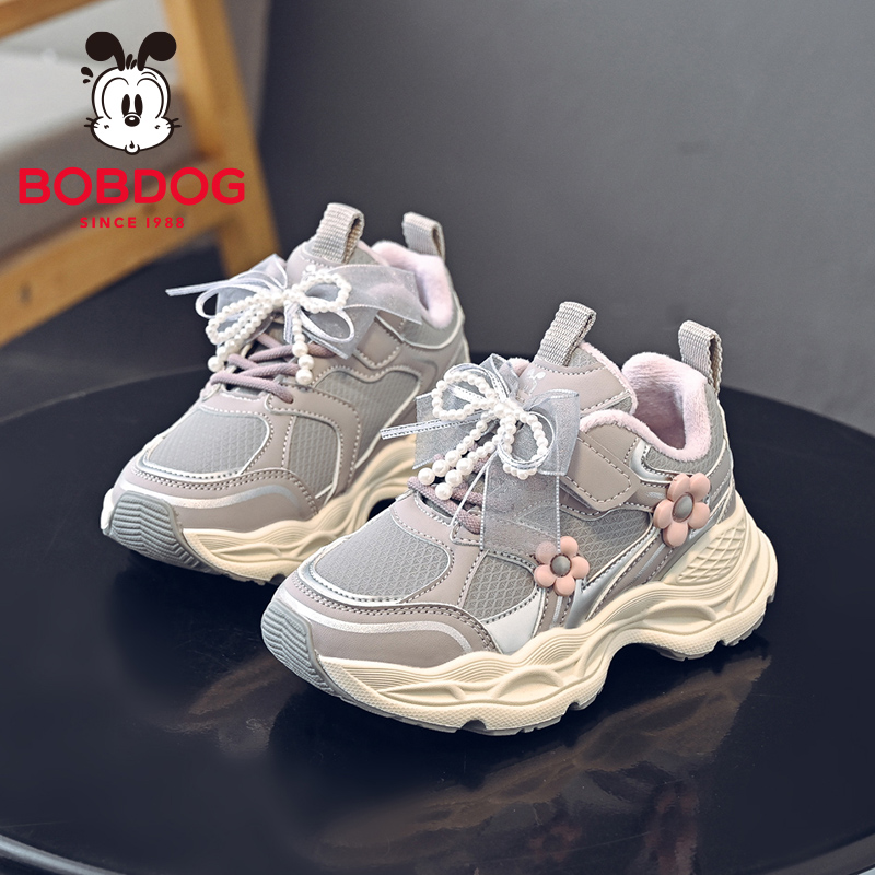 巴布豆童鞋女童运动鞋2025新款棉鞋冬季女孩加绒老爹鞋儿童跑步鞋