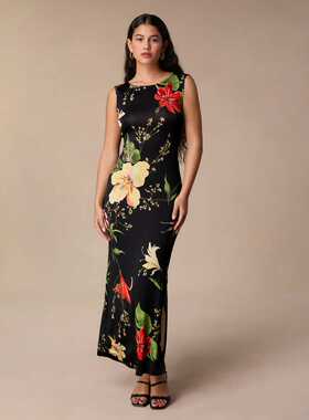 修身显瘦裙复古印花无袖露背心中长款连衣裙港风收腰开叉性感长裙