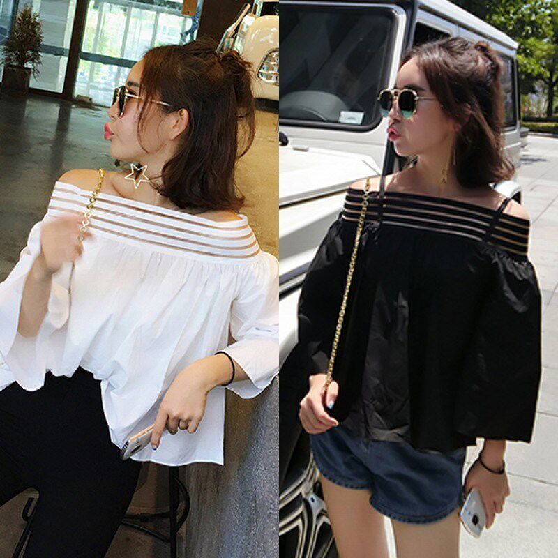 夏季2019新款韩版百搭镂空白色雪纺衫遮肚子显瘦宽松一字肩上衣潮|ruв категории Женская одежда, кружева свитер/шифон рубашка - от Buy2taobao.com для оказания профессиональной услуги покупки агента Taobao