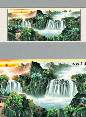 水画聚宝盆靠D山字画客厅走廊装饰画卷轴画竖版风景无框墙贴国画