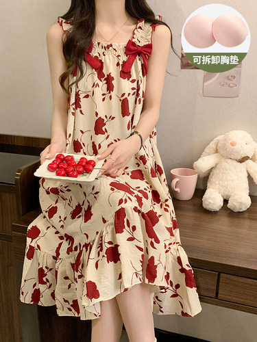 甜美睡裙网红风2025新款夏季天吊带胸垫春秋睡衣女士泡泡棉可外穿