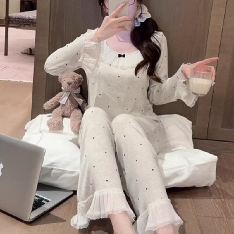 莫代尔睡衣女士带胸垫春秋季2026新款波点蕾丝长袖秋冬天甜美套装