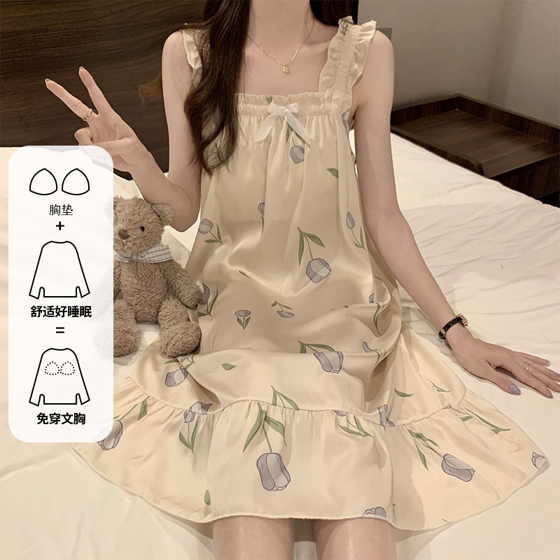 带胸垫吊带睡裙女款夏季甜美可爱薄款冰丝绸缎少女公主睡衣家居服图片