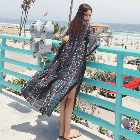 泰国旅游度假长袖夏女装潮牌连衣裙云南出游裙子民族风服装长裙仙