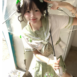 原创收腰学院风百褶短裙套装 蕾丝花边jk制服水手服正版 四叶草