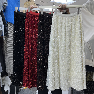 法式重工闪闪亮片丝绒半身裙女2025秋冬新款轻奢垂感a字大摆长裙
