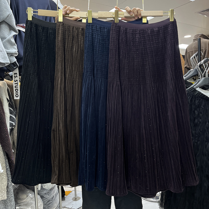 复古细闪烫钻褶皱丝绒高腰半身裙