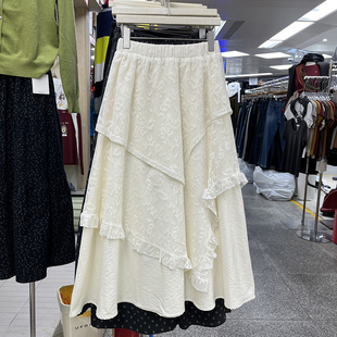韩系重工不规则蕾丝拼接半身裙森系穿搭少女感层叠花边蛋糕裙长裙