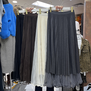 两面穿毛呢拼接网纱褶皱半身裙女2025秋冬款垂感显瘦百褶A字长裙