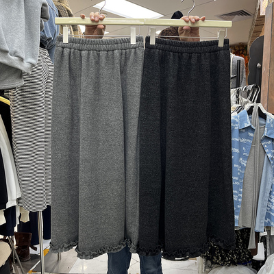 韩系木耳边加绒加厚毛呢半身裙