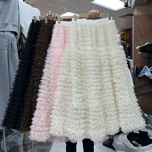 甜美重工网纱蓬蓬蛋糕裙米白色荷叶边层次感半身裙秋冬百搭仙女裙