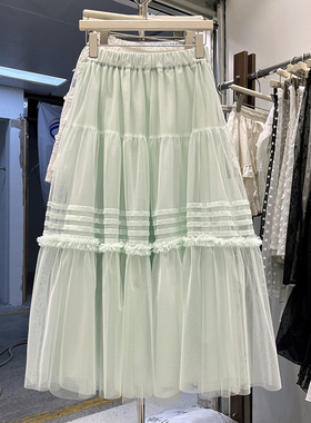 2025春装新款日系白色高端网纱半身裙压褶花边仙女纱裙女a字长裙