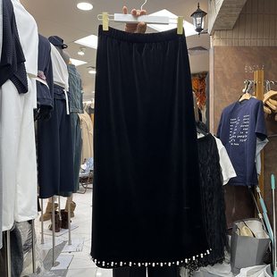 复古钉珠丝绒开叉半身裙女2025秋冬新款高腰垂感中长款直筒包臀裙