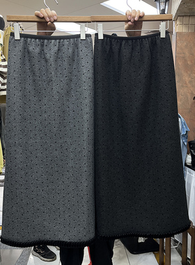 复古灰色波点毛呢直筒半身裙女秋冬时尚垂坠感遮胯显瘦开叉中长裙