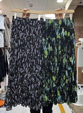 法式浪漫紫色碎花雪纺半身裙复古印花拼接褶皱大摆蛋糕裙气质长裙