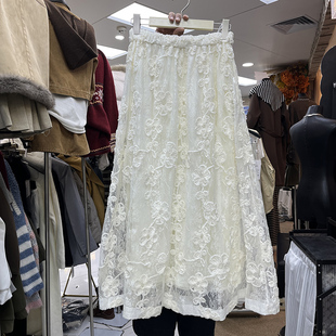 法式甜美立体钩花蕾丝半身裙女秋冬新款松紧腰气质A字长裙仙