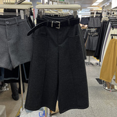 韩系时尚 配腰带显瘦气质加厚加绒休闲靴裤 高腰毛呢阔腿裤 女八分裤