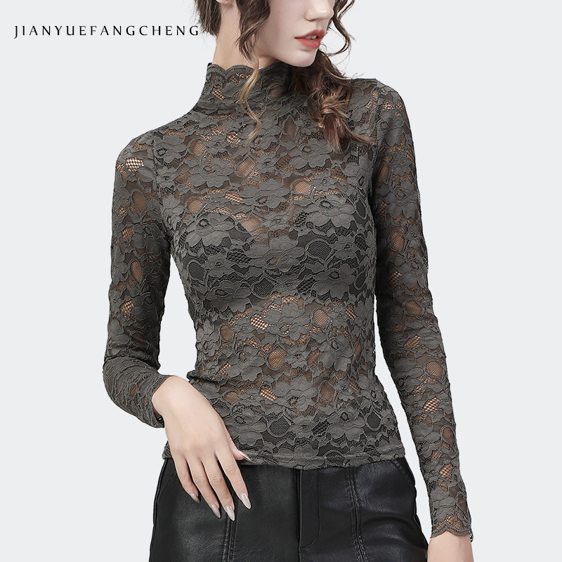 设计感洋气镂空内搭上衣女秋2021新款时尚立领修身显瘦蕾丝打底衫