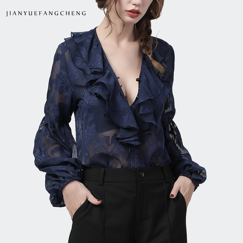 欧洲站长袖荷叶边雪纺衫女v领上衣2021秋洋气小衫显瘦大码衬衫