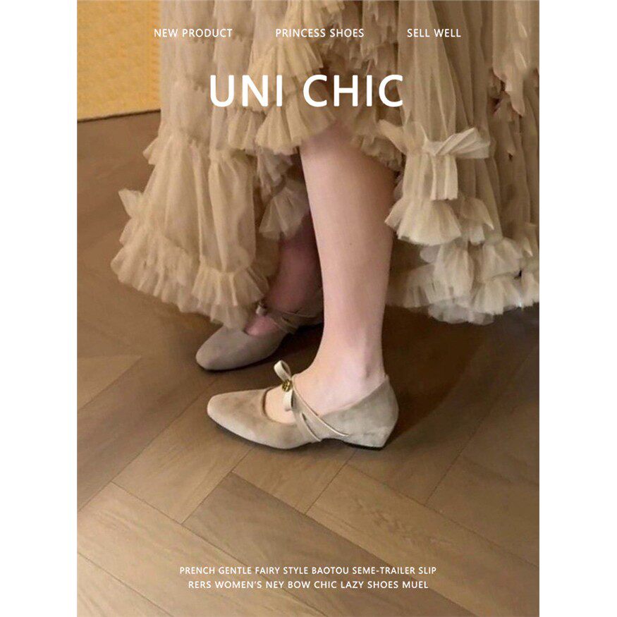 羊皮版~复古山茶花蝴蝶结方头玛丽珍鞋女绒面真皮通勤坡跟单鞋