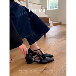 羊皮版~法式复古尖头单鞋女真皮内增高玛丽珍鞋软底一字扣高跟鞋