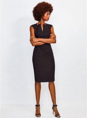 KAREN MILLEN/20夏季新款修身气质时尚浅蓝色信封领中长款连衣裙