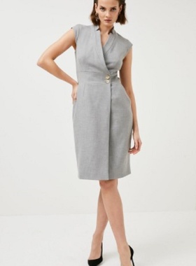 KAREN MILLEN2020夏季新款裹领扣袖职业修身优雅气质中长款连衣裙