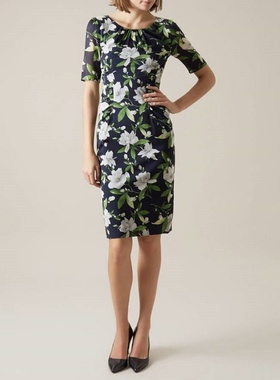 HOBBS春夏款真丝圆领V领花朵印花修身气质优雅时尚中长职业连衣裙