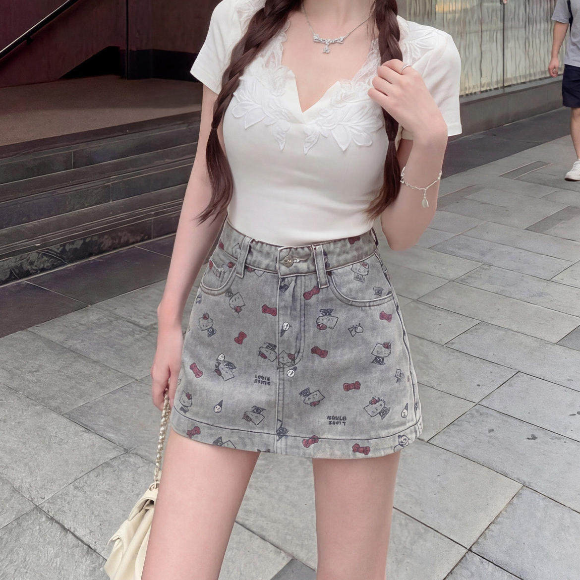 卡通KT猫印花牛仔半身裙女夏季新款高腰显瘦小个子通勤A字短裙子