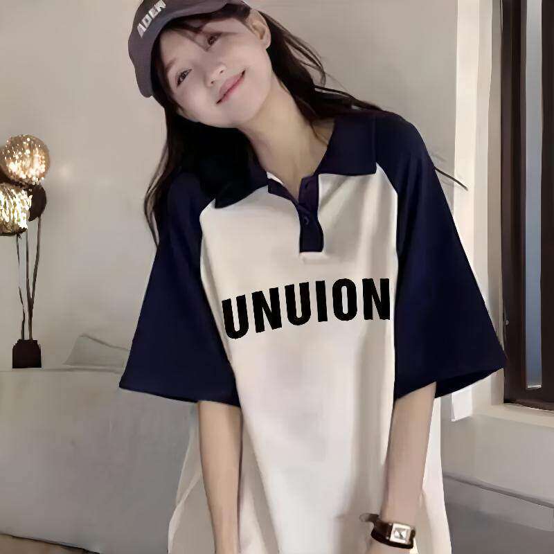 大童少女拼色POLO衫短袖t恤女夏季2026新款初中学生宽松半袖上衣