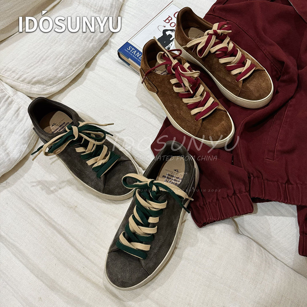 IDO欧货新款进口牛皮休闲板鞋女低跟羊皮内里复古撞色鞋带百搭鞋