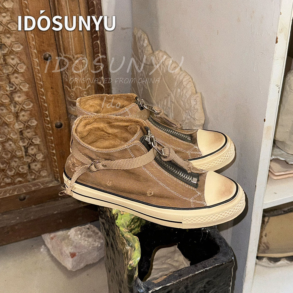 idosunyu欧货水洗帆布高帮鞋小众设计师复古气质拉链休闲女帆布鞋