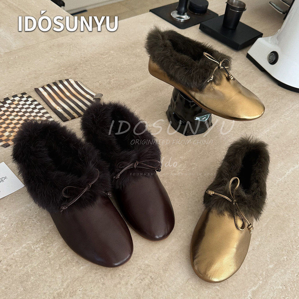 IDO欧货羊皮兔毛平底女蝴蝶结包头半拖真皮毛毛鞋百搭时尚穆勒鞋